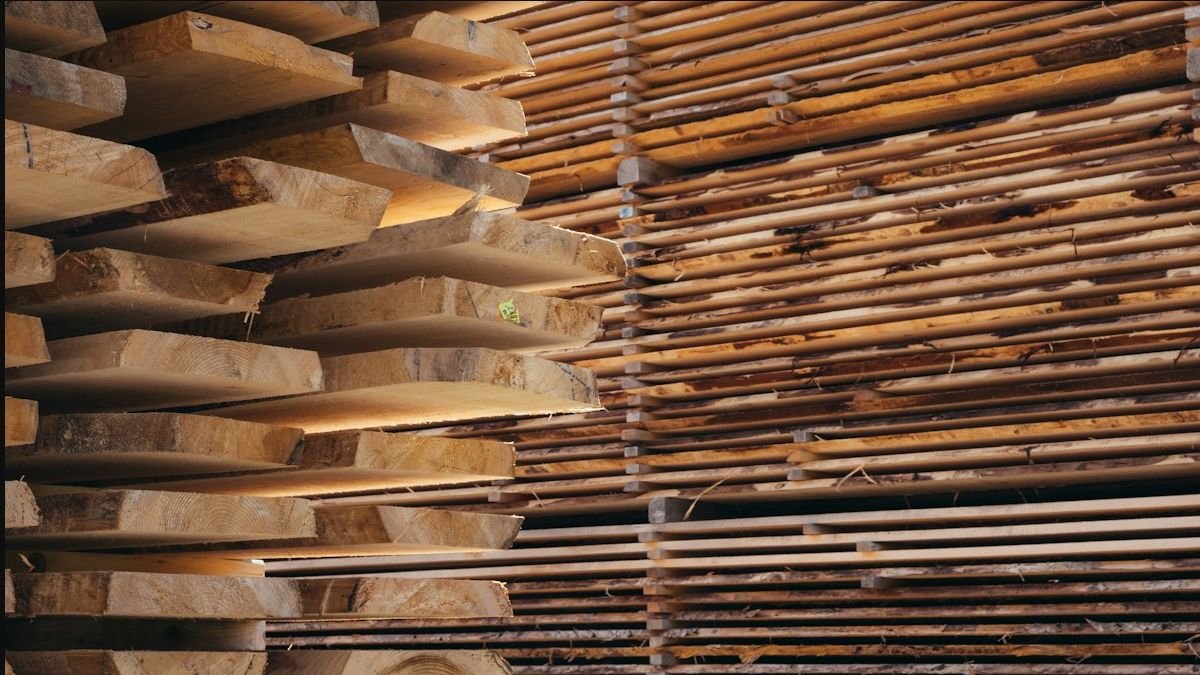 Stacks of sawn timber boards prepared for commercial supply