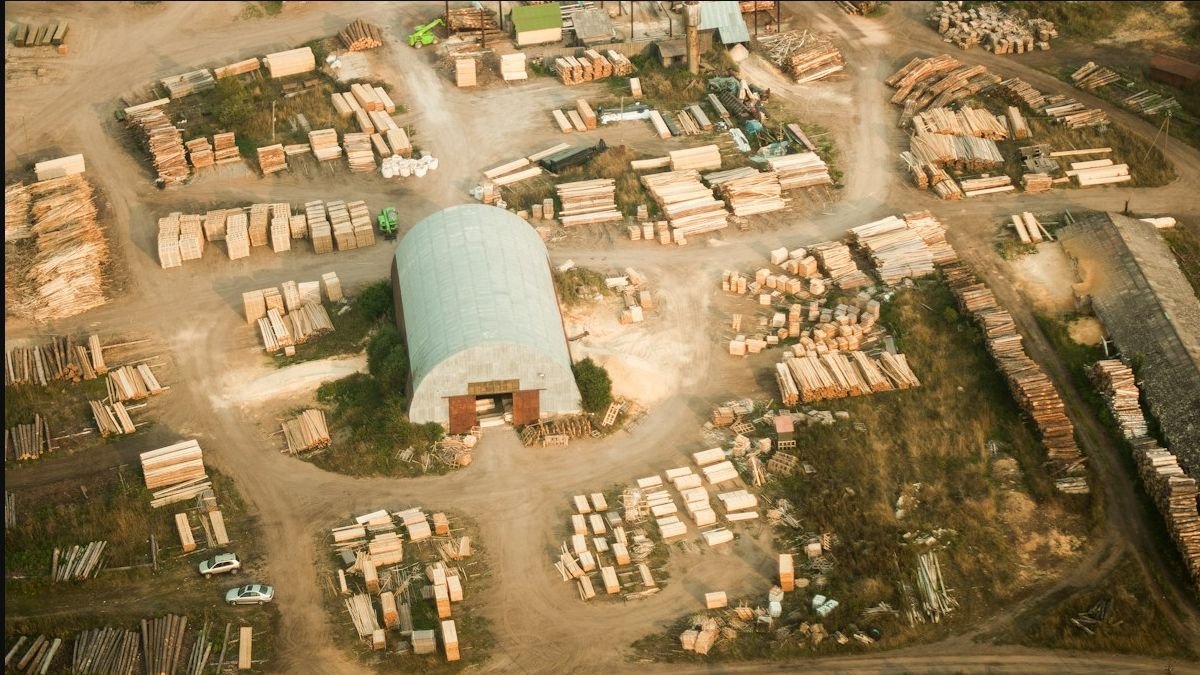 Aerial view of an organised commercial timber yard