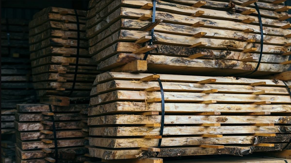 Bundled stacks of rough-sawn timber in storage