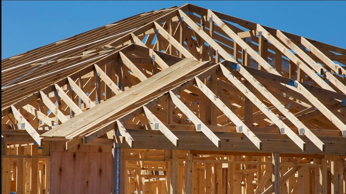 Timber roof framing on a building under construction