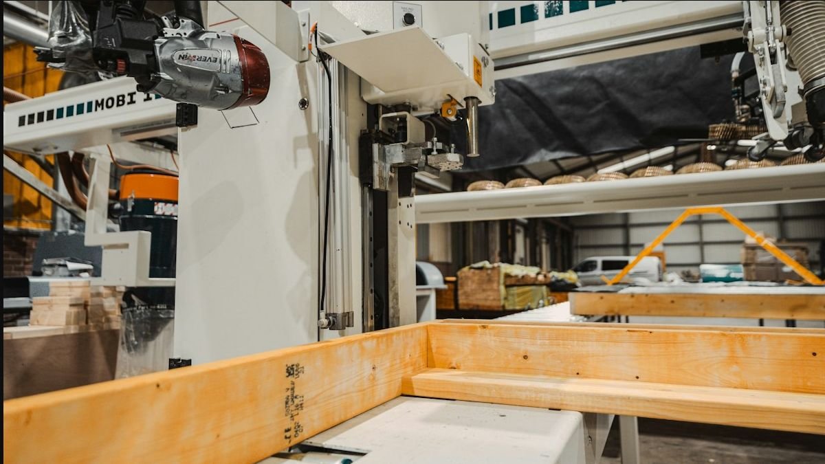 Industrial woodworking machinery processing a structural timber component
