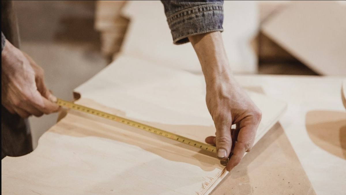 Close-up of timber being measured for dimensional accuracy