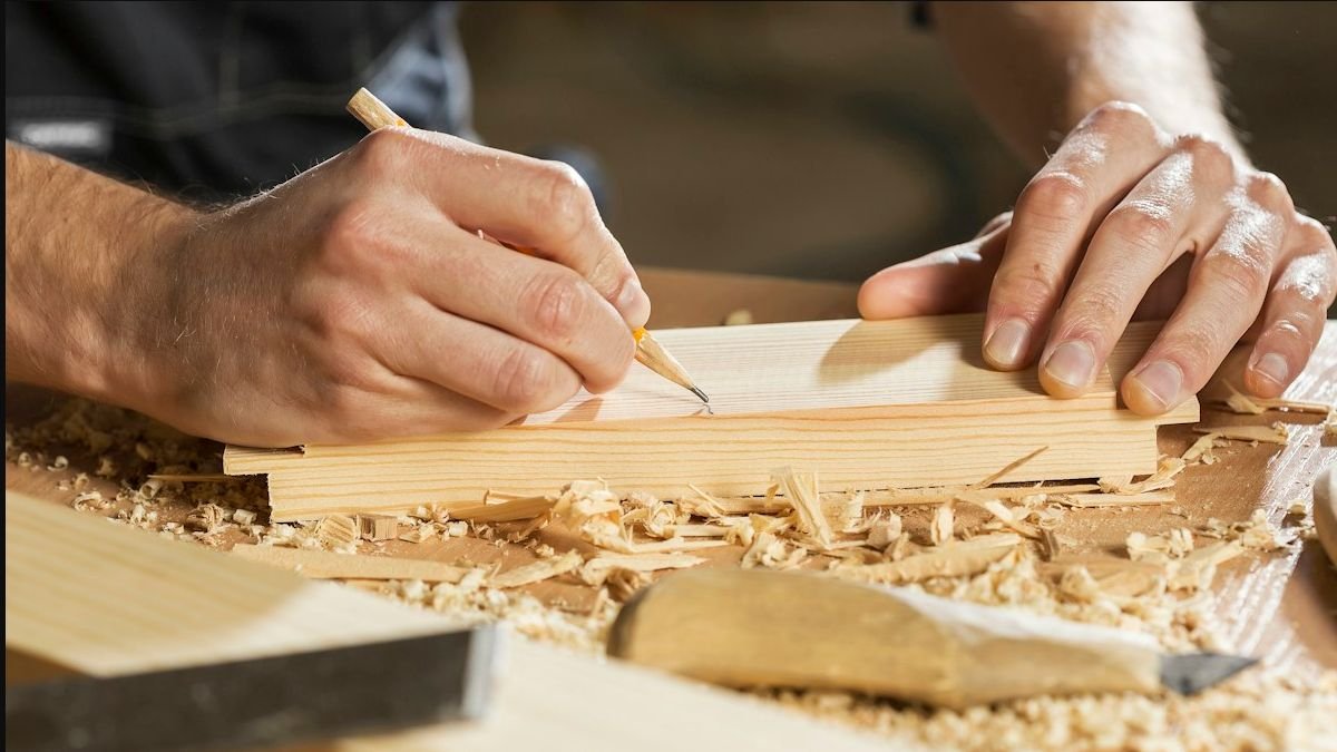 Carpenter marking precise measurements on a timber board