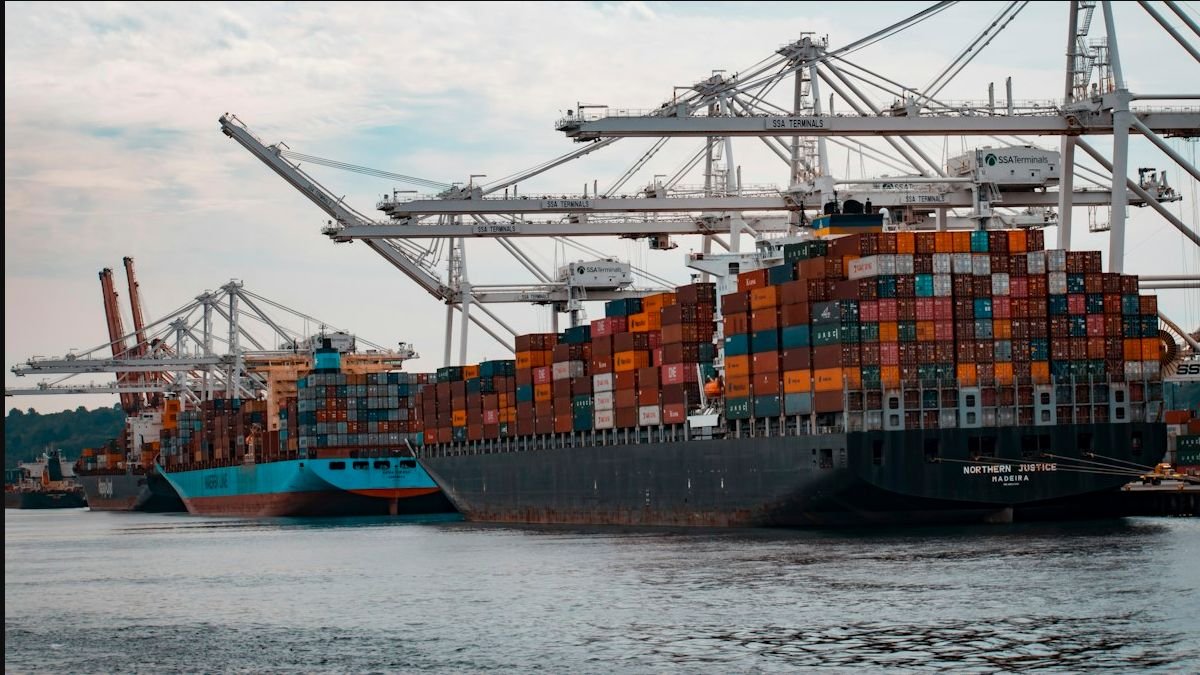 Container vessel and cranes at a commercial port