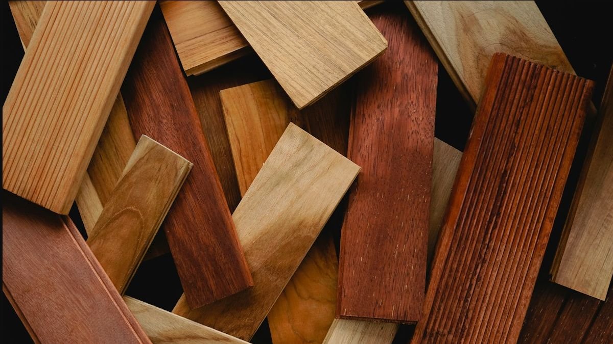 Assorted timber samples showing different colours and surface finishes